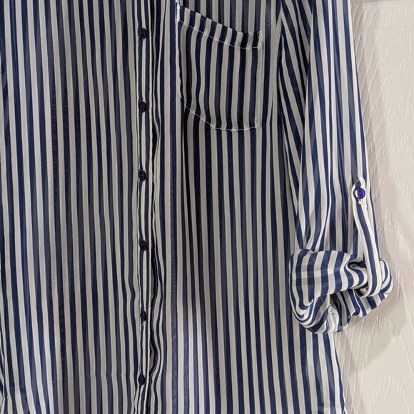 BCX Women's Sheer Striped Blouse Blue White, Size M, Long Sleeve, Button Front - Picture 5 of 16